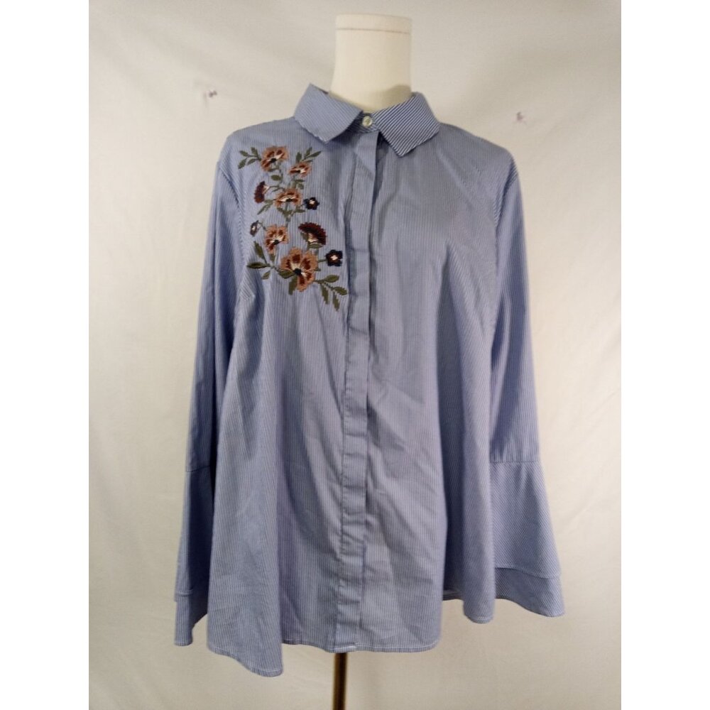 CJ Banks Blue White Striped Button-Down Blouse 1X
